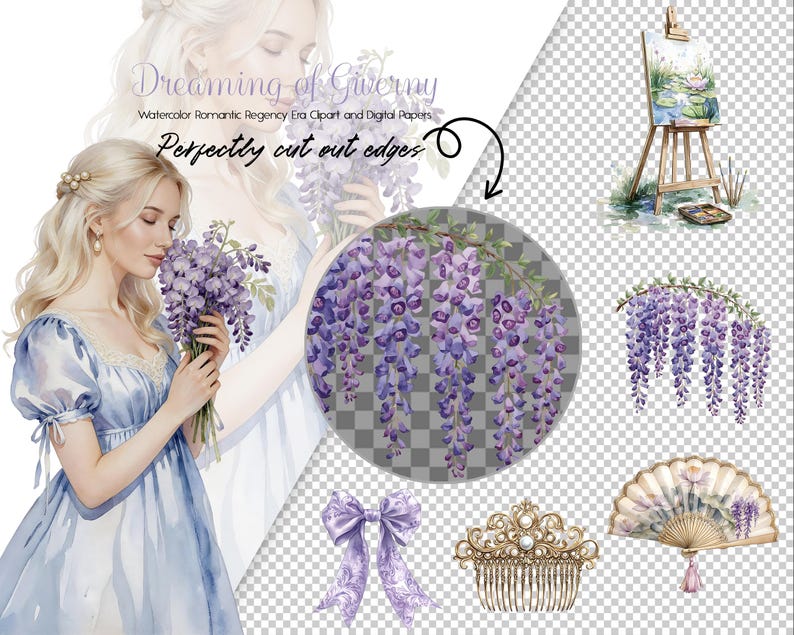 May include: Watercolor digital art featuring a woman in a blue dress holding purple wisteria. Additional elements include a bow, a comb, a fan, and an easel with a painting. Text reads "Dreaming of Giverny" and "Perfectly cut out edges."