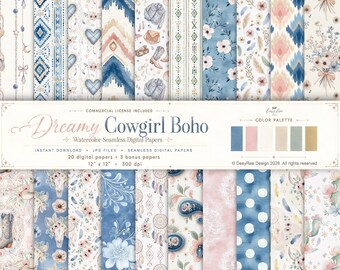 Boho Western Digital Papers, Cowgirl Seamless Patterns Watercolor Scrapbook Paper Junk Journal, Scrapbooking JPG, Sublimation Commercial Use
