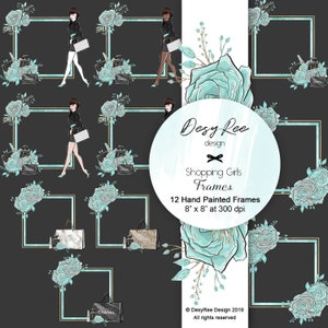 May include: Digital art of hand-painted frames with a shopping theme. Each frame measures 20.32 cm x 20.32 cm and includes illustrations of women, roses, perfume, and shopping bags on a dark grey background.