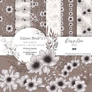 Herfst Bloemen Mini Bundel Digitale Papieren + Cliparts Stickers Planner Clipart Illustratie Commercieel gebruik Bloemen Aquarel Bruin Grijs