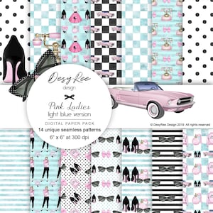 Pink Ladies Seamless Digital Papers Light Blue ver 50&#39;s Surface Patterns Fabric Vintage Dress Old Phone Grease Perfume Jacket Stickers