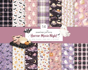 Halloween Digital Paper Pack, Cozy Horror Movie Night, Spooky Scrapbook JPG patterns, Commercial Use