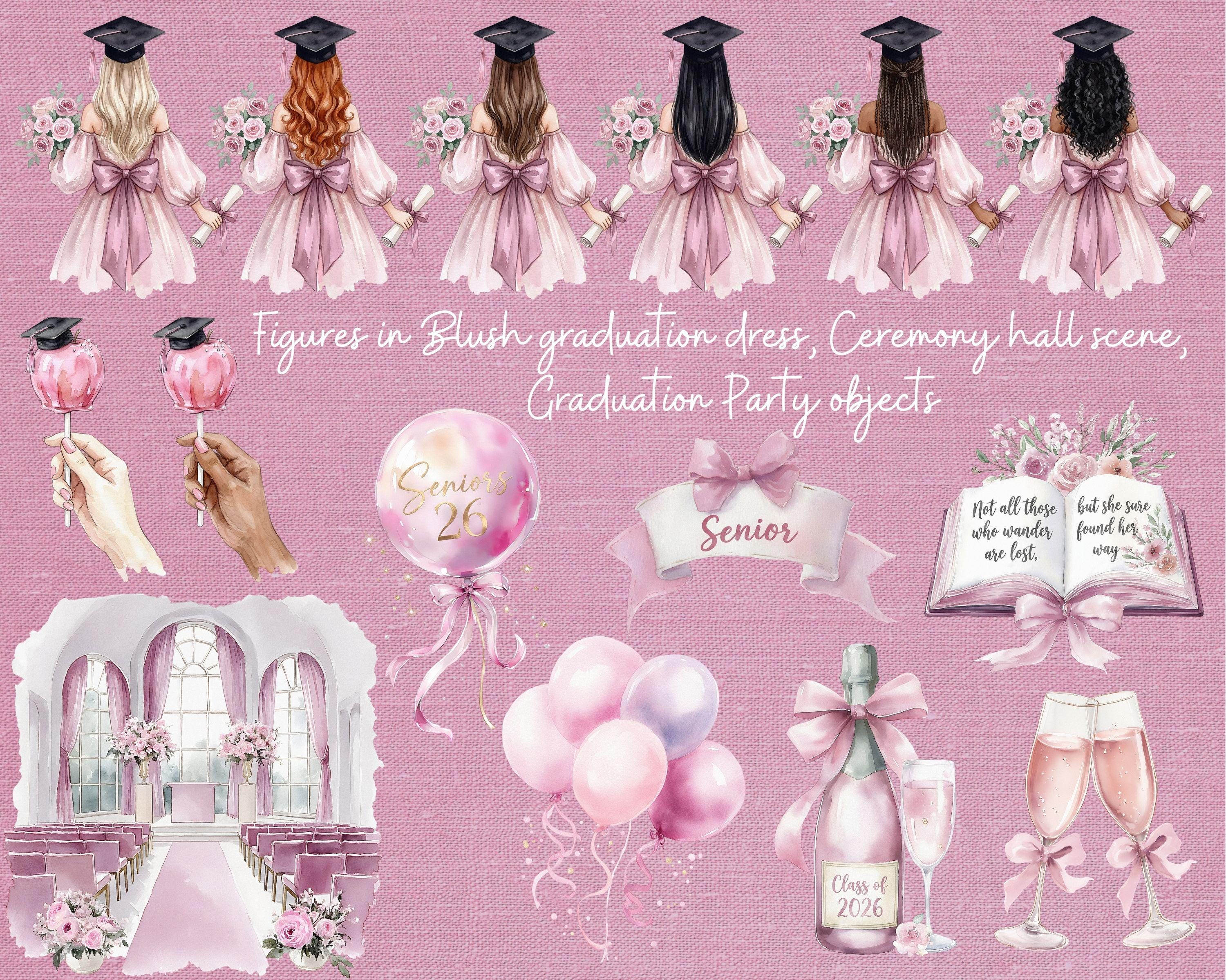 Watercolor Graduation Clipart Bundle PNG, Coquette Pink Grad Girl ...