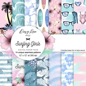 Surfing Girls Summer Californian Beach Life digital paper Scrapbook Watercolor background Palm Tree Seamless Surface Pattern Stickers Fabric
