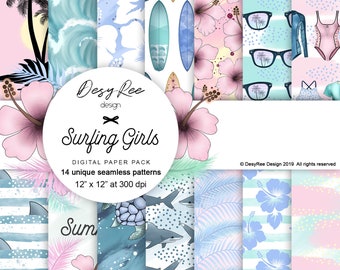 Surfing Girls Summer Californian Beach Life digital paper Scrapbook Watercolor background Palm Tree Seamless Surface Pattern Stickers Fabric
