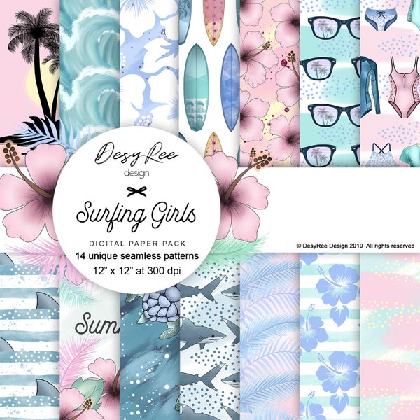 Surfing Girls Summer Californian Beach Life digital paper Scrapbook Watercolor background Palm Tree Seamless Surface Pattern Stickers Fabric