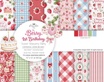 Strawberry First Birthday Digital Paper Pack, Berry Party Scrapbook Background Watercolor Gingham Seamless Pattern Invitation Commercial Use
