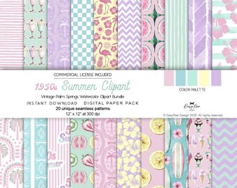 Summer Digital Paper Pack, 1950s Retro Seamless Patterns, Palm Springs Vintage Beach Scrapbook Paper Bundle Instant Download, Commercial Use