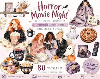 Halloween Movie Night Clipart Bundle, Cozy Spooky Girls PNG, Horror Watercolor Clipart, Cute Ghosts & Pajama Party, Commercial use
