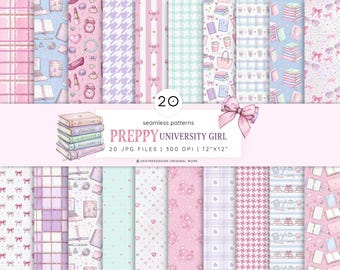 Preppy Coquette Digital Paper Pack, Bow Pattern, Pastel Scrapbook Kit for College Girl Journals, Girly Craft Sheets, Commercial Use