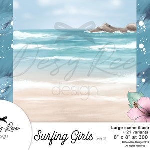 Beach Life Summer Scene illustratie Surfen Meisjes Californië Aquarel clipart Digitaal Commercieel gebruik Handgeschilderde Sticker graphics diy