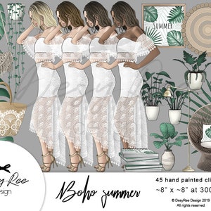 Boho Style Fashion Girl Illustration Aquarell Clipart Digital Clip Art Kit Boho Sommer Kommerzielle Nutzung Handgemalte Sticker Grafik