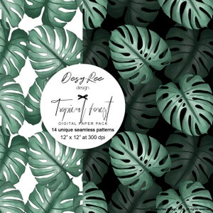 May include: Digital paper pack featuring 14 unique seamless patterns with a tropical forest theme. The design includes large, stylized green monstera leaves on both white and black backgrounds. The pack is 12" x 12" at 300 dpi.