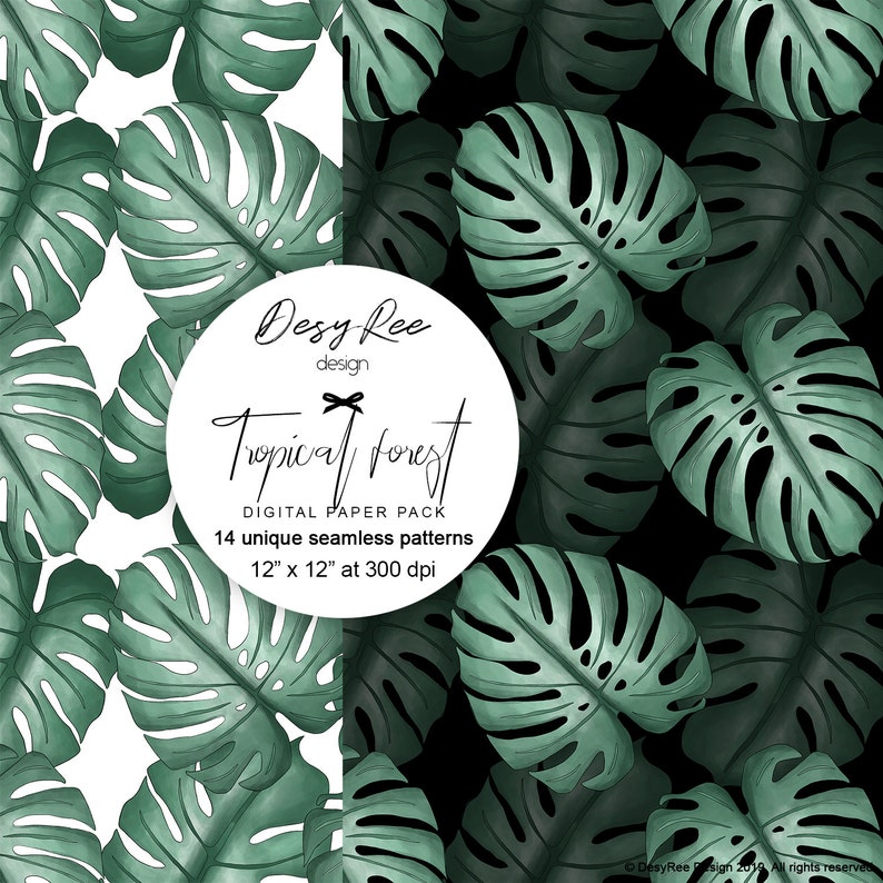 May include: Digital paper pack featuring 14 unique seamless patterns with a tropical forest theme. The design includes large, stylized green monstera leaves on both white and black backgrounds. The pack is 12" x 12" at 300 dpi.