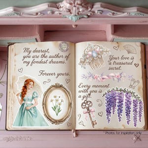 May include: An open book with decorative stickers and handwritten text. The stickers include a woman in a blue dress, floral arrangements, and a key. Text includes "My dearest, you are the author of my fondest dreams" and "Your love is a treasured secret."