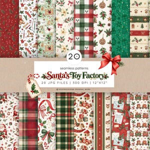 Set di carte digitali natalizie, kit per scrapbooking con Babbo Natale e la fabbrica di giocattoli, pacchetto a quadri natalizi Buffalo Check, Xmas Workshop - Uso commerciale