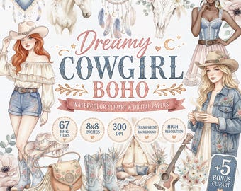 Boho Cowgirl Clipart Bundle, Watercolor Western PNG, Girls, Horses, Ranch, Floral Elements, Country Designs, Stickers Bundle, Commercial Use