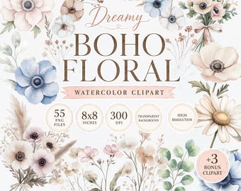 Boho Floral Clipart Bundle, Watercolor Flower PNG, Anemone Bouquets, Wreaths, Wedding Florals, Flowers, Invitation Graphics, Commercial use