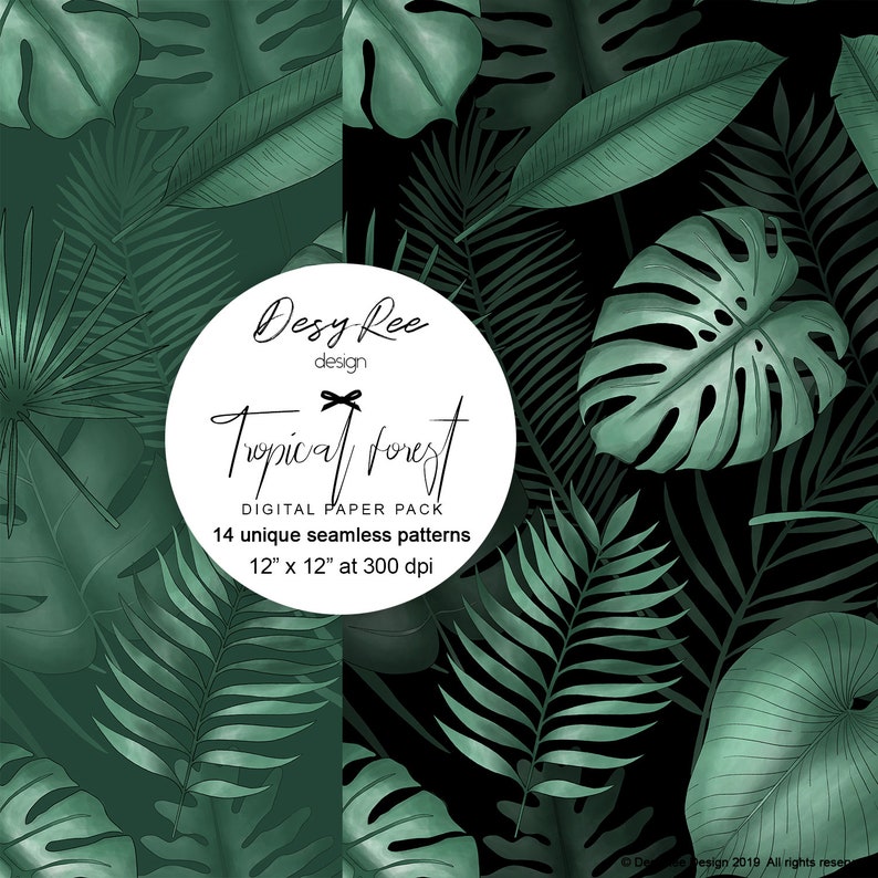 May include: Digital paper pack featuring 14 unique seamless patterns with tropical forest leaves in shades of green. The patterns are 12" x 12" at 300 dpi. The design includes the text "Desy Ree design" and "Tropical forest".