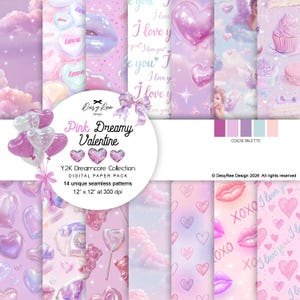 May include: A collection of 14 digital paper patterns in shades of pink, purple, and white. The designs include hearts, lips, clouds, and the text "I love you" and "XOXO". The paper pack is 12" x 12" at 300 dpi, perfect for Valentine's Day.
