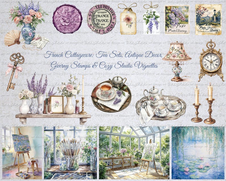 May include: A collage of watercolor illustrations featuring French cottagecore elements. Includes floral arrangements in vases, teacups, stamps, a key, a clock, a lamp, and a painting on an easel. The text reads "French Cottagecore: Tea Sets, Antique Decor, Giverny Stamps & Cozy Studio Vignettes."