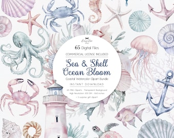 Coastal Watercolor Clipart Bundle, Nautical PNG Seashells Seahorse Coral, Ocean Digital Download, Beach Clipart Commercial Use Pastel Colors