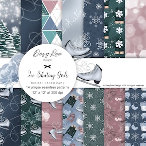 Winter Ice Skating Girls Digital Paper Snowflakes Planner Stationery Scrapbook Winter Background Seamless Surface Pattern Stickers Fabric