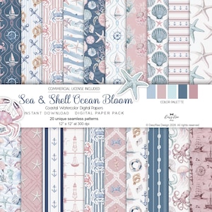 Könnte beinhalten: Eine Sammlung von 20 digitalen Papiermustern mit Küstenmotiven. Die Designs zeigen Muscheln, Seesterne, Anker und nautische Elemente in Blau, Rosa und Weiß. Jedes Muster ist 30,48 cm x 30,48 cm bei 300 dpi. Der Text lautet "Sea & Shell Ocean Bloom".