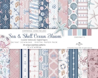 Nautical Digital Paper Pack, Coastal Seamless Patterns, Beach Wedding Background, Ocean Junk Journal Paper, Blush Sea Scrapbook Bundle jpg