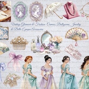 May include: Watercolor illustration of vintage fashion accessories, including cameos, jewelry, fans, and gowns. The image features a variety of items in soft pastel colors, such as pink, blue, and purple, evoking a sense of elegance and nostalgia. The text reads "Vintage Glamour & Fashion: Cameos, Ballgowns, Jewelry & Belle Epoque Accessories."