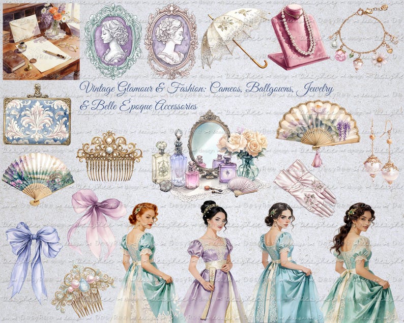 May include: Watercolor illustration of vintage fashion accessories, including cameos, jewelry, fans, and gowns. The image features a variety of items in soft pastel colors, such as pink, blue, and purple, evoking a sense of elegance and nostalgia. The text reads "Vintage Glamour & Fashion: Cameos, Ballgowns, Jewelry & Belle Epoque Accessories."