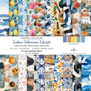 May include: A digital paper pack featuring watercolor designs with a Lisbon Bohemian Lifestyle theme. The pack includes 20 unique seamless patterns, each 12 x 12 inches at 300 dpi. The designs showcase Mediterranean elements, including lemons, guitars, and architectural details.