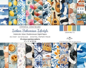 Lisbon Bohemian Lifestyle Digital Papers Collection - Spring European Urban Seamless Patterns - Watercolor Mediterranean Summer Scrapbook