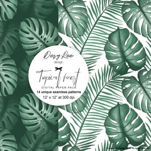 May include: Digital paper pack featuring a tropical forest theme. The design includes green monstera leaves and palm fronds on a white background. The pack contains 14 seamless patterns, each 12" x 12" at 300 dpi. The text "Tropical forest" is displayed in a circular logo.