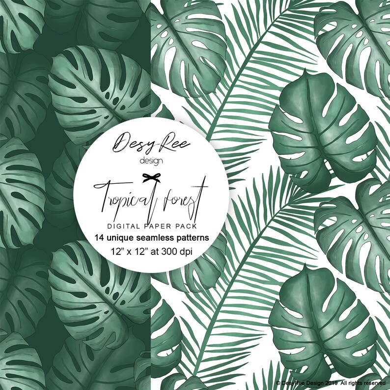 May include: Digital paper pack featuring a tropical forest theme. The design includes green monstera leaves and palm fronds on a white background. The pack contains 14 seamless patterns, each 12" x 12" at 300 dpi. The text "Tropical forest" is displayed in a circular logo.