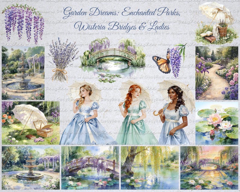 May include: A collage of watercolor illustrations with a garden theme. The images include a fountain, a bridge over a pond, women in dresses with parasols, and wisteria. Text at the top reads "Garden Dreams: Enchanted Parks, Wisteria Bridges & Ladies."