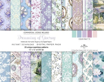 Seamless Digital Paper Pack, Regency Era Watercolor Damask Wisteria Floral, Water Lily, Journal Scrapbook Printable Bundle Instant Download