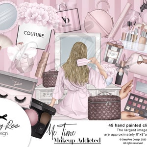 Può includere: Illustrazione digitale di una donna che si pettina davanti a uno specchio, circondata da trucco e accessori. L'immagine include il testo "Me Time Makeup Addicted" e "COUTURE". La tavolozza dei colori è principalmente rosa e bianco.