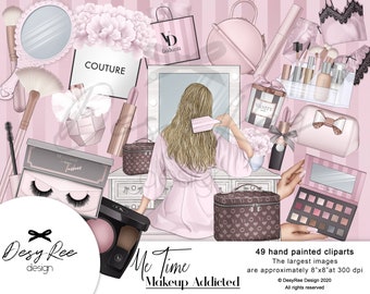 May include: A digital illustration featuring a woman brushing her hair in front of a vanity mirror, surrounded by makeup and accessories. The image includes text that reads "Me Time Makeup Addicted" and "COUTURE". The color palette is primarily pink and white.