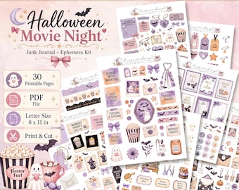 Halloween Ephemera Kit PDF, Horror Movie Night Printable, Spooky Junk Journal Kawaii Ghost Bats Pumpkin