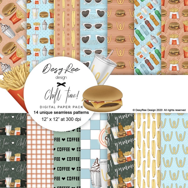 Chill Time Fast Food Retro Diner Digital Paper Planner Girl Stationery Printable Spring Background Seamless Surface Pattern Stickers Fabric