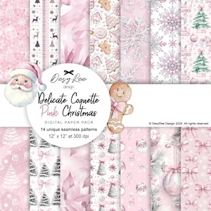 May include: A digital paper pack featuring 14 unique seamless patterns with a pink Christmas theme. The patterns include snowflakes, gingerbread men, Santa Claus, and Christmas trees. Each sheet measures 12 x 12 inches.