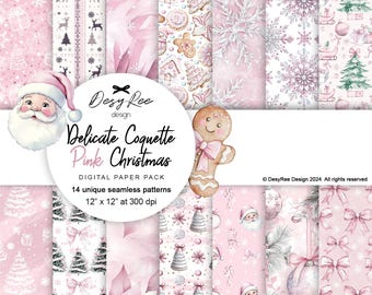 Puede incluir: Un paquete de papel digital con 14 patrones sin costuras únicos con temática navideña rosa. Los patrones incluyen copos de nieve, hombres de jengibre, Papá Noel y árboles de Navidad. Cada hoja mide 30,48 cm x 30,48 cm.