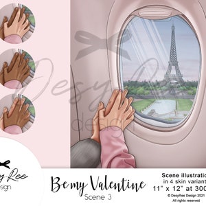 Be My Valentine- Scene 3 - Valentine's Day - Paris Scene Illustration - Eiffel Tower - Romantic Background - Airplane Window Travel Couple