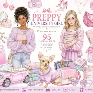 Peut inclure: Une collection numérique de 95 illustrations montrant deux jeunes personnes, un chihuahua, une voiture décapotable rose et divers accessoires comme des sacs, des livres, du maquillage et de la papeterie. Le texte indique PREPPY UNIVERSITY GIRL.