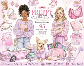 Preppy University Pink Academia, Watercolor Girly PNG Bundle, Coquette Girl Clipart for Journals & Planners, Y2K Aesthetic, Commercial Use