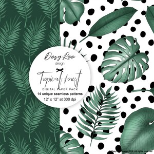 May include: Digital paper pack featuring 14 unique seamless patterns. The designs include tropical leaves in shades of green against a white background with black polka dots and a dark green background with green leaves. The pack is 12" x 12" at 300 dpi.