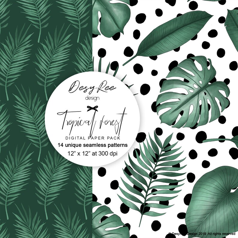 May include: Digital paper pack featuring 14 unique seamless patterns. The designs include tropical leaves in shades of green against a white background with black polka dots and a dark green background with green leaves. The pack is 12" x 12" at 300 dpi.
