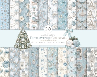Christmas Digital Paper Pack, Luxury Xmas Patterns with Bows, Aqua Blue Watercolor Ribbons & Snowflakes, Commercial Use Seamless Pattern