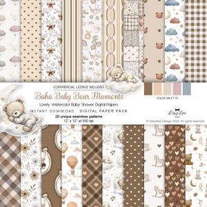 May include: Digital paper pack featuring 20 unique seamless patterns with a boho baby bear theme. The patterns include teddy bears, clouds, moons, and hearts in shades of brown, beige, and blue. Each paper is 12 x 12 inches at 300 dpi. Text on the image reads "Boho Baby Bear Moments".